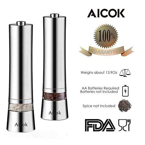 Aicok Molino de Sal y Pimienta, Durable Molinillo de Pimienta Eléctrico y Molinillo de Sal Gruesa Ajustable y Ventana Visible, Juego de 2, Plata