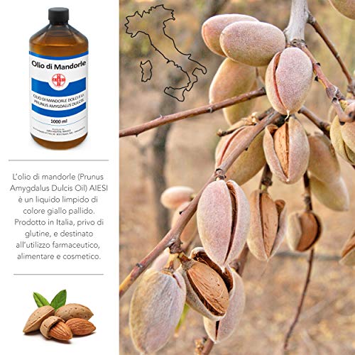 AIESI® Aceite de Almendras Dulces Ph.Eur. 100% puro prensado en frío para uso Farmacéutico Alimentario Cosmético y Dermatológico botella de 1 litro # Made in Italy