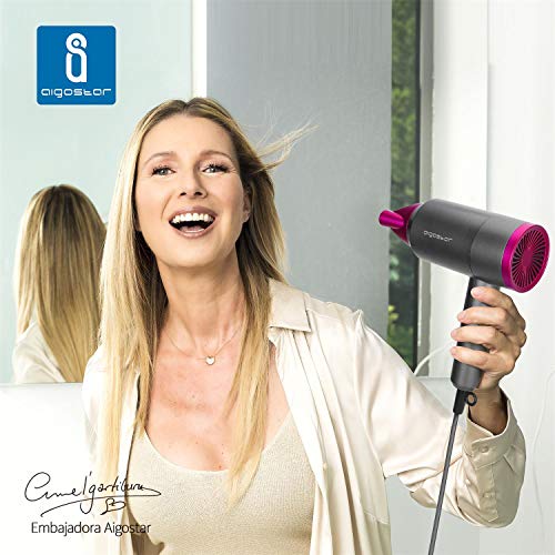 Aigostar Diane 32QYD - Secador de pelo, 1800W, ocupa poco espacio: mango plegable, 2 velocidades, 3 temperaturas. Incluye boquilla concentradora de calor. Perfecto para viajes. Color gris y rosa.