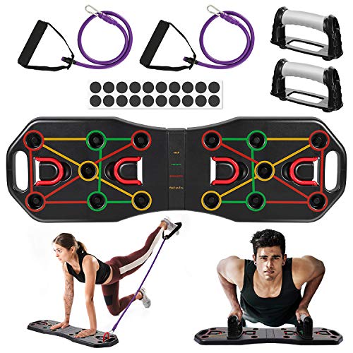 AIMTOP Tabla de Flexiones, 9 en 1 Tabla Push-Up Plegable con Bandas de Resistencia, Ejercicio Multifunción Entrenamiento Muscular, Push Up Tabla Board para Hombres, Mujeres, Entrenamiento en el hogar