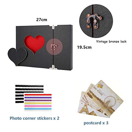 AIOR Álbum de Fotos para Pegar y Escribir Scrapbook, Álbum de Recortes, Creativa del Diario con Grabado en Forma de Corazón, Aniversario de Boda, Cumpleaños, día de San Valentín Idea de Regalo, Negro