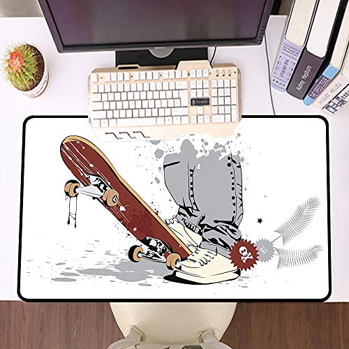 Alfombrilla Raton Grande Gaming Mouse Pad,Adolescente, monopatín con pies de niño en zapatillas y jeans ilustración, gris y blan,Lavable, Antideslizante Diseñada para Gamers, Trabajo de Oficina