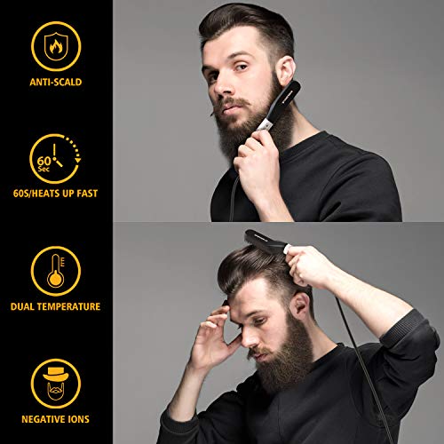 Alisador Barba Eléctrico, Rápida Cepillo Alisador para Hombre y Mujer, Peine Alisador Multifuncional de Cabello y Barba Anti-escaldado, con Ión Negativo y 2 Temperaturas Ajustables Hasta 200 ° C