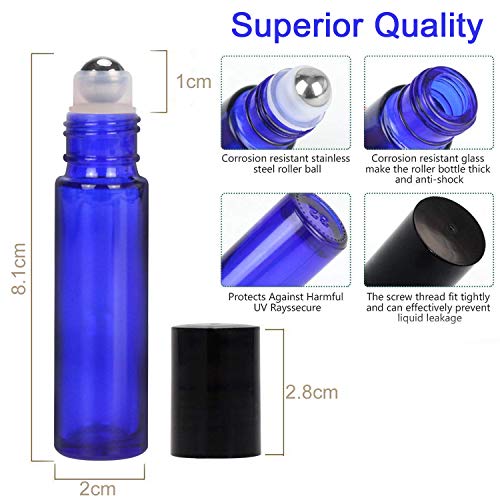 Alledomain, 10 Botellas de 10 ml de aceites Esenciales, Botellas de Vidrio Recargables de Color Azul Cobalto con Bolas de Acero Inoxidable, Incluye 1 cuentagotas y abridor