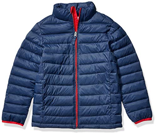 Amazon Essentials Boys' Lightweight Water-Resistant Packable Puffer Jacket Outerwear-Jackets, Azul Marino con Rojo, S