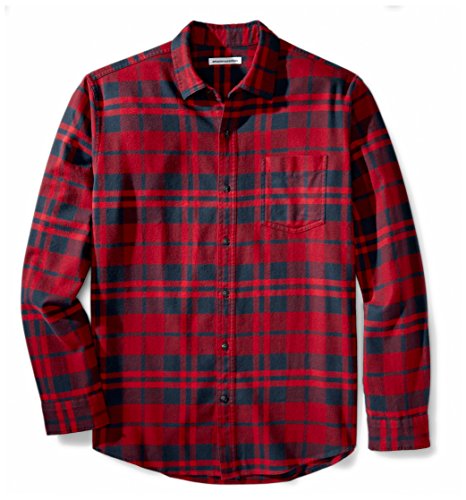 Amazon Essentials - Camisa de franela a cuadros de manga larga y ajuste regular para hombre, Rojo (Red Plaid), US S (EU S)