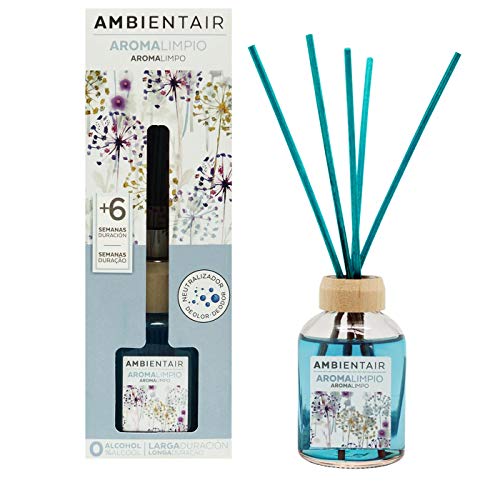 Ambientair. Difusor de Varillas perfumadas. Ambientador Mikado Aroma a Limpio, difusor con palitos de ratán. El Mejor ambientador sin Alcohol para casa. Ambientador para la Cocina y baño.