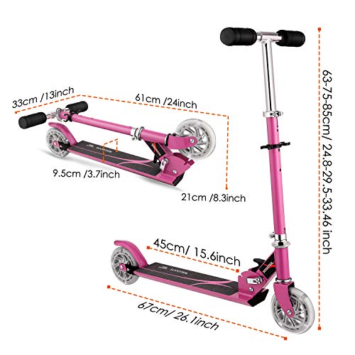 AMDirect Patinete 2 Ruedas para Niña Patinete Niña Plegable con Altura de Manillar Ajustable 63cm, 75cm, 85cm Patinete para Niños 3-12 Años Patín Scooter con 2 Ruedas Led, Rosa