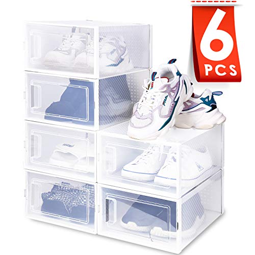 amzdeal Cajas de Zapatos Plásticas 6 Pcs - Organizador de Zapatos Transparente, Apilable y Impermeable, Caja de Almacenamiento Plegable, Ahorra Espacio, Zapateros para Hombres y Mujeres 33×23×14cm