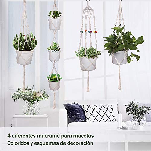 Anpro 4 PCS Colgador de Plantas Macrame, Macramé Plantas Colgador para Maceta,Planta,con 4 Ganchos Hecho a Mano Cuerda de Algodón para Jardín,Interior,Hogar,Balcón