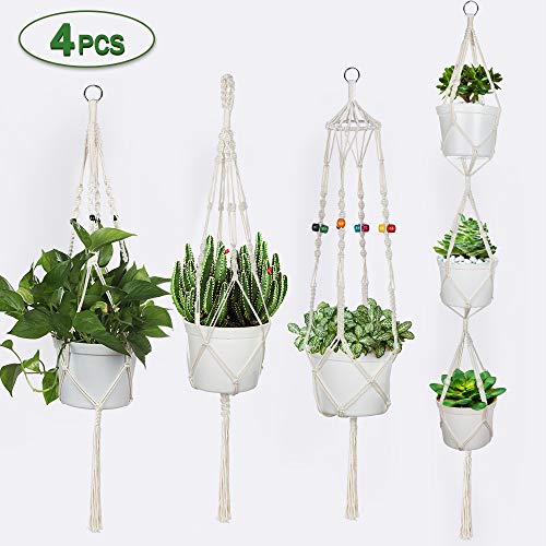 Anpro 4 PCS Colgador de Plantas Macrame, Macramé Plantas Colgador para Maceta,Planta,con 4 Ganchos Hecho a Mano Cuerda de Algodón para Jardín,Interior,Hogar,Balcón