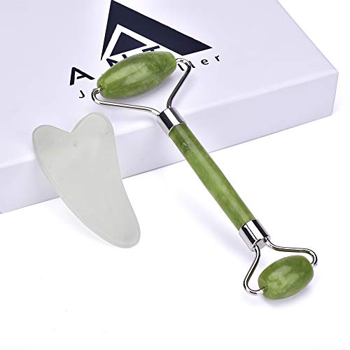 A.N.T. Rodillo de jade para masaje facial, piedra 100% natural con juego de gua sha, sin ruido, beneficios antienvejecimiento, cuarzo rosa