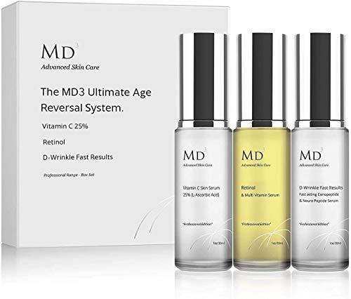 Anti-Ageing - Set de 3 Productos para el Cuidado de la Piel: Sérum Retinol 2%, Crema Antiarrugas D-Wrinkle, Sérum de Vitamina C 25% (30 ml Cada Uno)