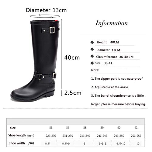 AONEGOLD Botas de Agua Mujer Lluvia Altas Zapato Impermeables Ajustable Cremallera y Hebilla Goma Botas Wellington(Negro 1,37 EU)