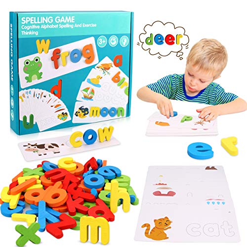 aovowog Juguetes de Bebe,Juego de Letras de Madera Regalos para Niños 3 4 5 6 7 Años,Juguetes Educativos Tempranos,52 Piezas Juegos de Ortografía del Alfabeto para Preescolares para Niños y Niñas