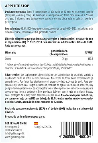 APPETITE STOP – Pastillas para adelgazar - Inhibidor de apetito con 1000mg glucomanano (raíz de Konjac) - 60 cápsulas – de Get In Shape