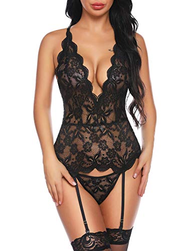 Aranmei Body de Encaje Mujer Conjunto de Lencería Sexy Back Correas Cruzadas Corset Ropa Interior de Cuello en V Profundo sin Medias (Negro, XX-Large)