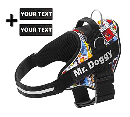 Arnés Personalizado para Perros - Estampado - Arnés para Perros Reflectante - Incluye 2 Etiquetas con Nombre - Todos los Tamaños - De Calidad y Resistente (XS 3-7,5KG, CÓMIC)