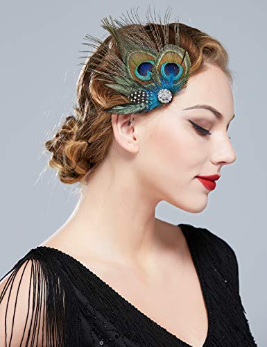 ArtiDeco 1920 Diadema de Pluma de Pavo Real Peinado con Cristal Vintage Años 20 Flapper Pelo Accesorio de Pluma Disfraz Gatsby Accesorio