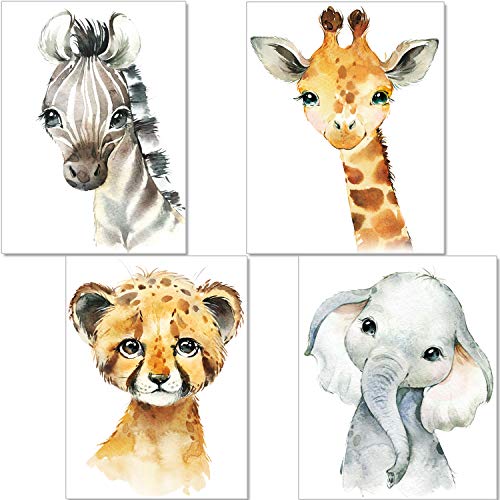 artpin® - Juego de 4 imágenes para habitación de los niños y niñas, DIN A4, pósteres de animales de safari africana, retrato, elefante, tigre, jirafa, cebra (P35)