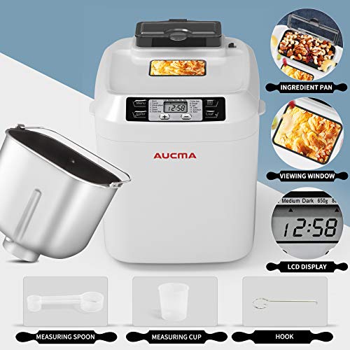 AUCMA Panificadora, Máquina para Hacer Pan con 12 Programas, Panificadora Automática de dispensador,Pan sin gluten,sin BPA, 3 Niveles de Horneado,pantalla LCD y mantener la función cálida