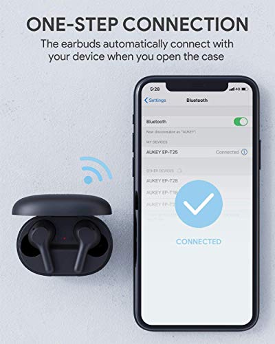 AUKEY Auriculares Inalámbricos Bluetooth 5 Graves Mejorados, Carga Rápida USB-C, Deportivos IPX5 Impermeable, Micrófono Incorporado, Control Táctil, Reproducción de 25 Horas