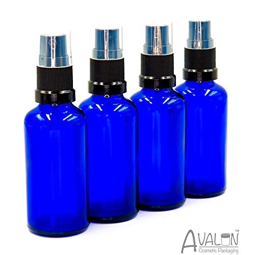 Avalon - Botellas vacías de cristal azul con atomizador GL18 pulverizadores de niebla fina (fabricado en la UE) de 50 ml, botella vacía de vidrio atomizador de viaje rellenable