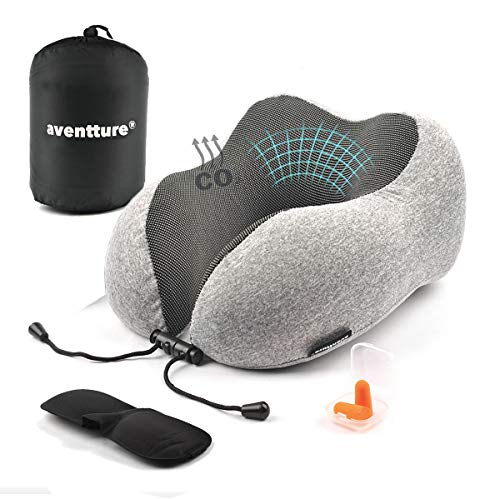 AVENTTURE® Almohada de Viaje Cervical Viscoelástica y Ergonómica. para Avión, Tren, Coche y Bus | Espuma Memory Foam para Cuello, Suave y Transpirable | Kit Cojín + Tapones + Antifaz