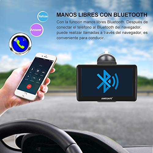 AWESAFE Navegador GPS para Coches de 7 Pulgadas con Bluetooth con 22 Tipos PDIs y Planificaciones Inteligentes de Rutas (con Mapas Recientes y Actualizaciones de por Vida)