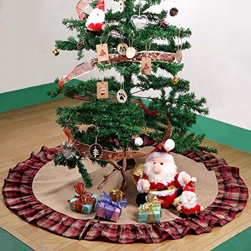 Aytai 122cm Burlap árbol de Navidad Faldas Negro y de Cuadros Escoceses Rojos Volantes Edge Border Base de árbol de Navidad decoración de Vacaciones de Fiesta