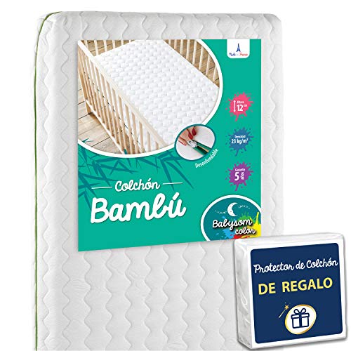 Babysom - Colchón Cuna Bebé Bambú + 1 Protector de colchón impermeable DE REGALO - Natural - 70x140 cm - Antiasfixia - Transpirable - Reglaje Térmico