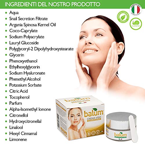 Balum Crema facial de baba de caracol con ácido hialurónico, para cara, cuello, escote, día y noche, antiarrugas, hidratante, alivia el acné, estrías, manchas, cicatrices, made en Italy