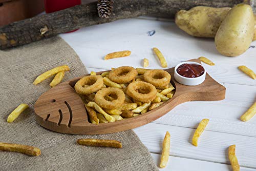 Bandeja para servir papas fritas y salsa, utensilios para servir con tazón de salsa de porcelana, refrigerio de madera orgánica, aperitivos, plato, hogar decorativo, accesorio de cocina (pescado)