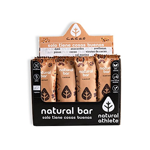 Barritas Energéticas BIO Cacao Natural Athlete, Sin Azúcar Añadido, 100% Natural y Orgánicas, Sin Gluten, Vegana -Pack 12x40 g