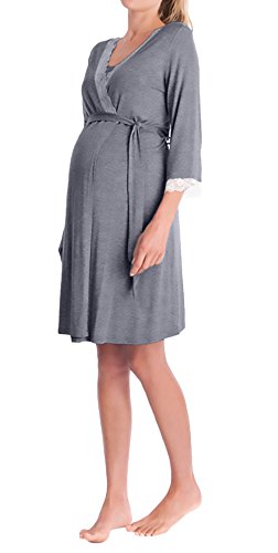 Batas Mujer Premama Camison Elegantes V Cuello Manga 3/4 Encaje Niñas Ropa Splicing Embarazo Albornoz Pijama De Dormir con Cinturón (Color : Gris, Size : XXL)