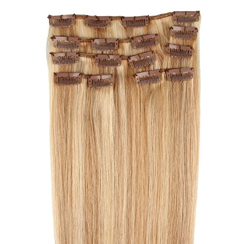 Beauty7 Extensiones de Cabello Natural Clip 8 Unidades 120g 100% Remy Lacio Straight de Pelo Natural Pelucas Cabello Humano de Color 27# y 613# Marrón de 20" 51cm larga