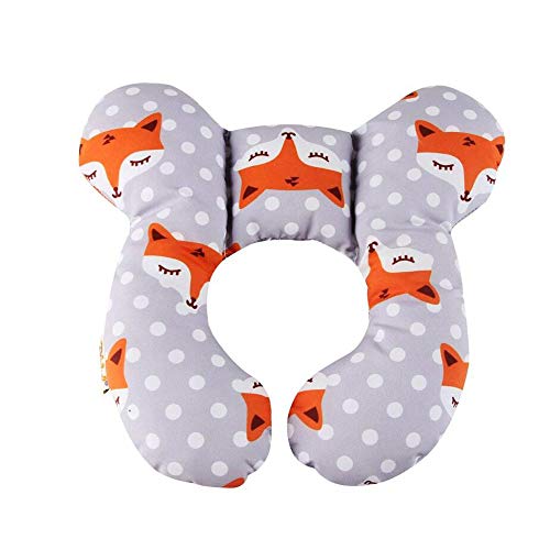 Bebé recién nacido Almohada de viaje y el bebé la ayuda del cuello Almohada para el niño del asiento de coche para proteger la cabeza del bebé (Naranja Fox, 100% algodón gris)