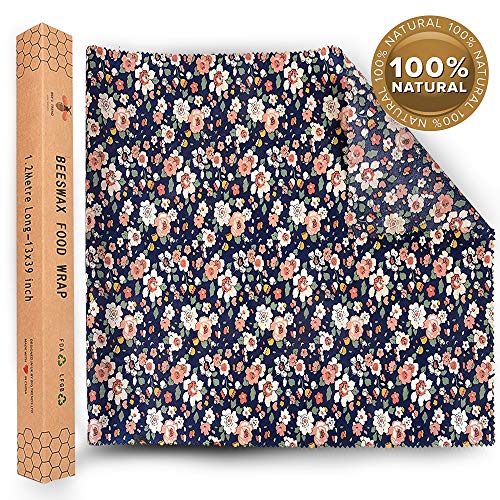 BEE’S TREND Bee Wrap Envoltorio Cera Abejas Reutilizable - Rollo 100% Algodón, Cera Natural, Resina Árbol y Aceite Jojoba - Lavable, Duradero - Cortable para Sobras y Comida - Flores Azules, 1,2m