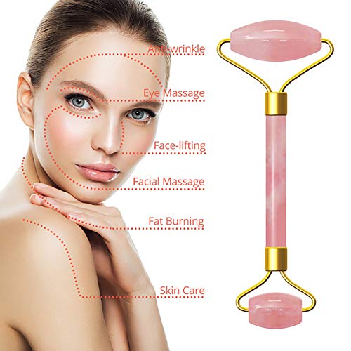 Beito 1Set 2 en 1 Conjunto de masajeador de rodillos de jade Rodillo de cuarzo rosa y herramienta de raspado Gua Sha Rodillo facial Anti envejecimiento Rodillo de masaje Varita de masaje