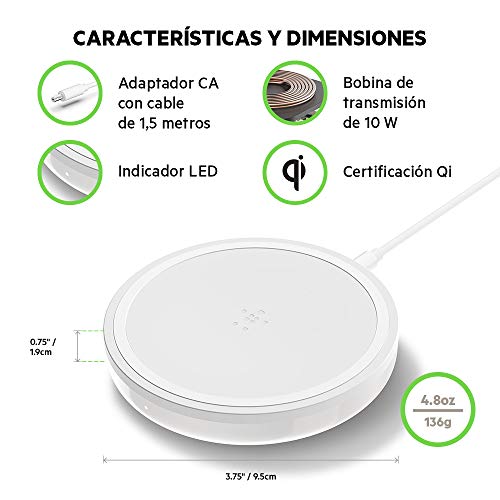 Belkin Boost Up Bold - Cargador inalámbrico (para iPhone XS, XS MAX, XR/Samsung Galaxy S10, S10+, S10e, Note9 y Dispositivos LG, Sony y otros, 10 W) Blanco