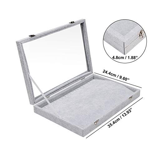 BELLE VOUS Caja para Collares - (35,4X24,4cm) Cajas de Joyas Terciopelo Gris con 20 Ganchos y Tapa Transparente - Organizador de Joyas para Collares, Brazaletes y Tobilleras