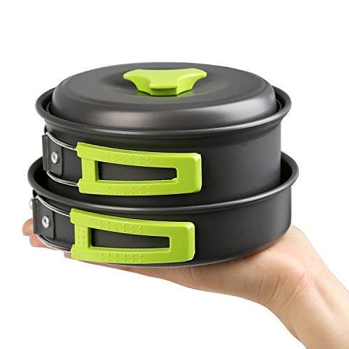 BelleStyle Utensilios Cocina Camping, 1-2 Personas Ligero y Portátil Utensilios de Cocina Camping Pots Set para Exteriores Cámping Mochilero Excursionismo Picnic (9 Piezas)