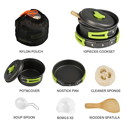 BelleStyle Utensilios Cocina Camping, 1-2 Personas Ligero y Portátil Utensilios de Cocina Camping Pots Set para Exteriores Cámping Mochilero Excursionismo Picnic (9 Piezas)