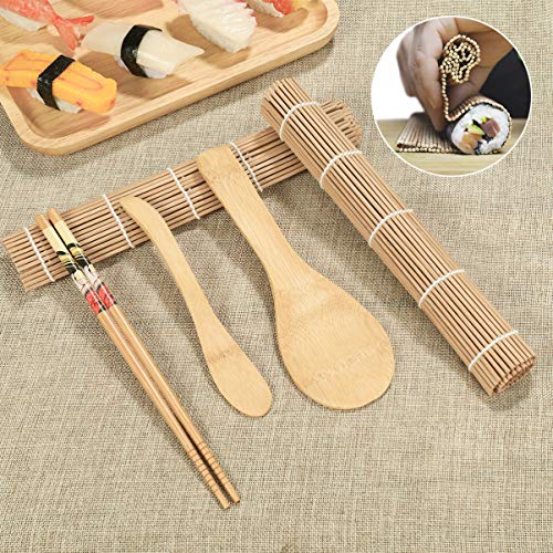 BESTONZON 15pcs kit de sushi de bambú que hace con 2 cintas de correr 5 pares de palillos de arroz paddle rice spreader