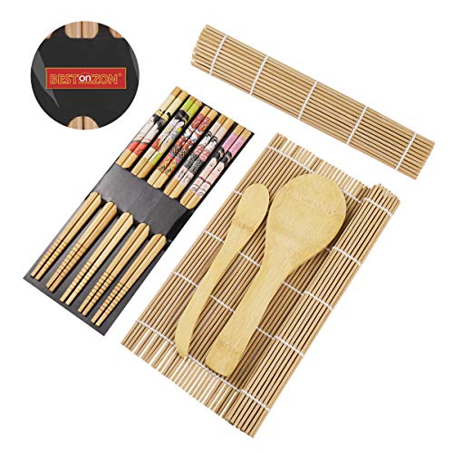 BESTONZON 15pcs kit de sushi de bambú que hace con 2 cintas de correr 5 pares de palillos de arroz paddle rice spreader