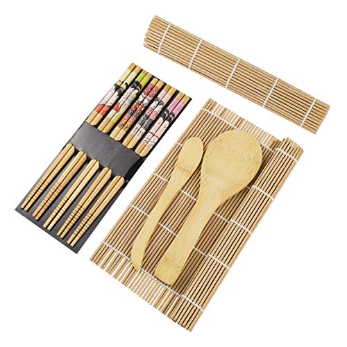 BESTONZON 15pcs kit de sushi de bambú que hace con 2 cintas de correr 5 pares de palillos de arroz paddle rice spreader