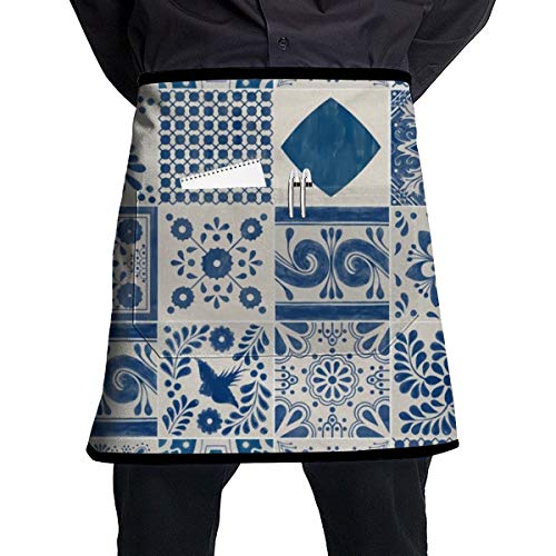 Bettiboy Talavera - Delantal de cerámica Mexicana con diseño de baldosas y Bolsillo en el Centro, 100% poliéster, poliéster, Blanco, Talla única