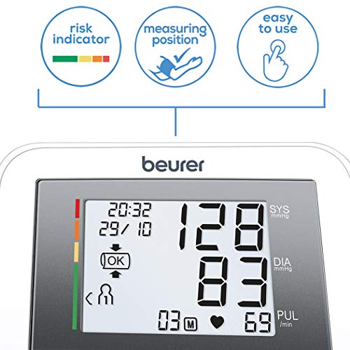 Beurer BM27 Tensiómetro de Brazo, Blanco, Indicador OMS, Detección de Arritmia, Memoria 4 x 30 Mediciones, función para indicar la posición favorable de medición, blanco, manguito universal 42 cm