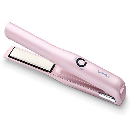 Beurer HS20 Plancha cabello sin cable, compacta, para viajar, revestimiento de cerámica, 3 nivelas temperatura, pantalla LED, sistema calentamiento rápido, batería litio, rosa claro