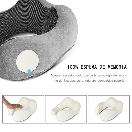 BICASLOVE Almohada de Viaje,Viscoelástica de Espuma de Memoria,Almohada de Cuello,Almohada Ortopédica Cervical,con Máscara de Ojos,Tapones y Bolsa con Cordón,para el Uso del Avión y el Hogar(Gris)